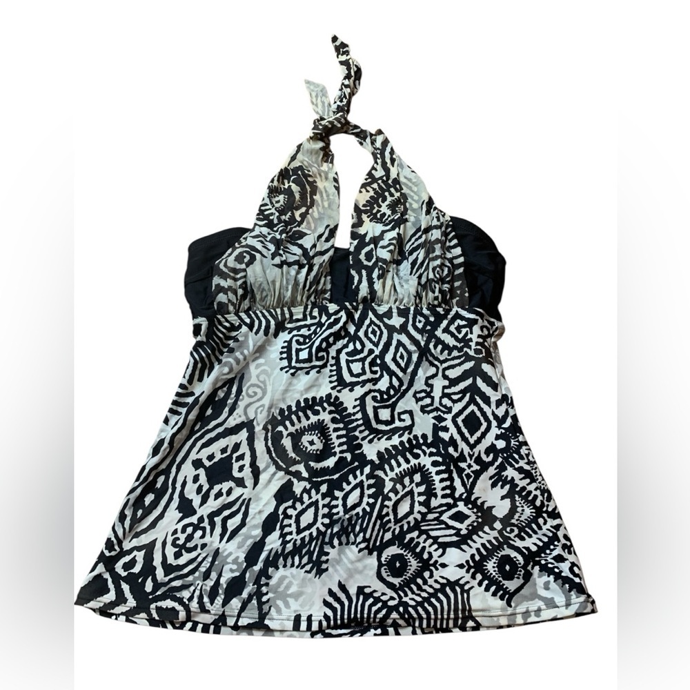 💜 Christina Black & White Ikat Geometric Halter Tankini Top - Size 12